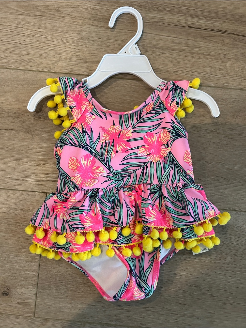 NWT Nicole Miller Infant Girl Pink One-Piece Tropical Pom-Pom Swimsuit 12Months